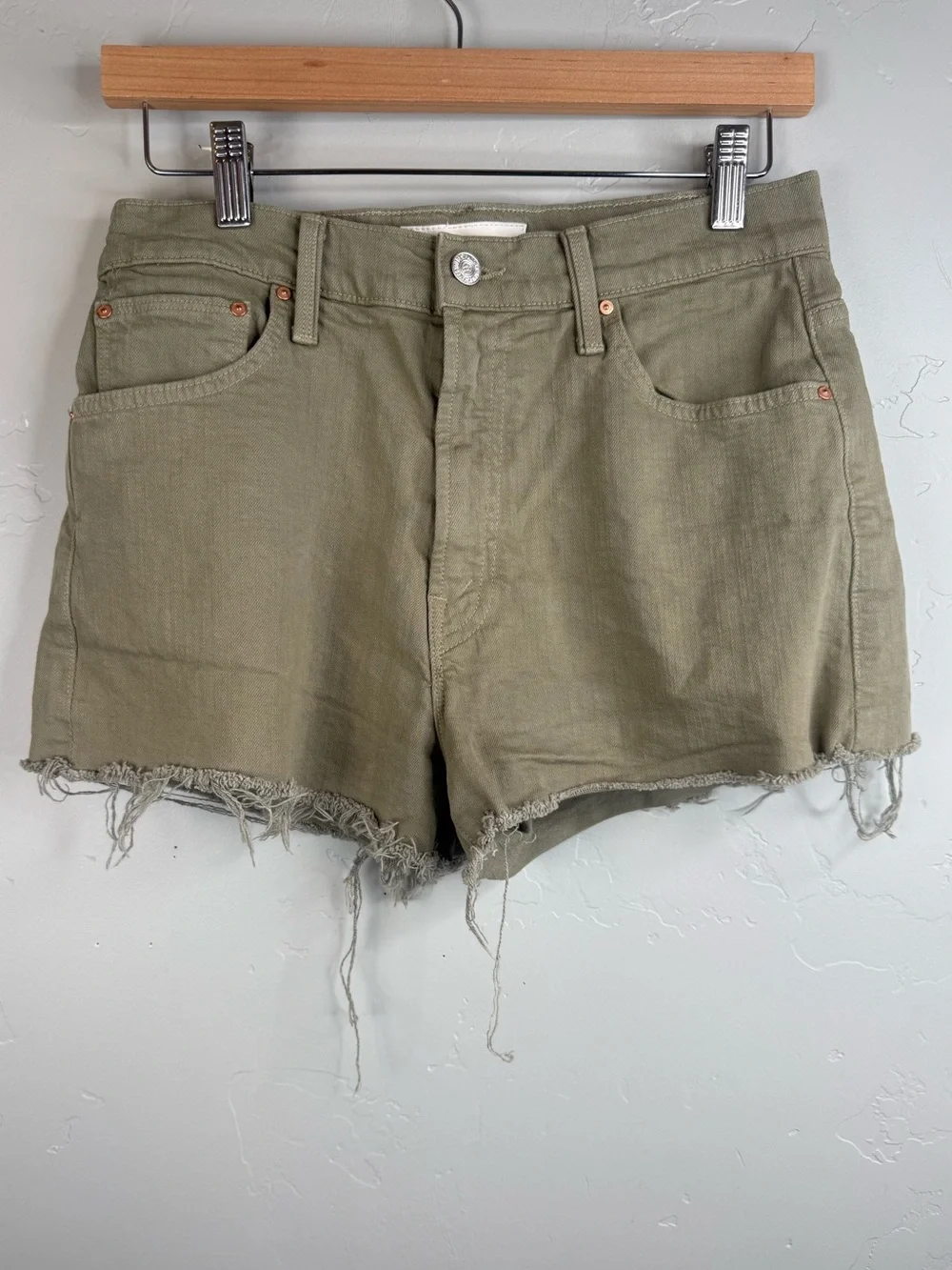 MOTHER The Dodger Short Fray Olive Green Denim Shorts Size 27 Made in USA